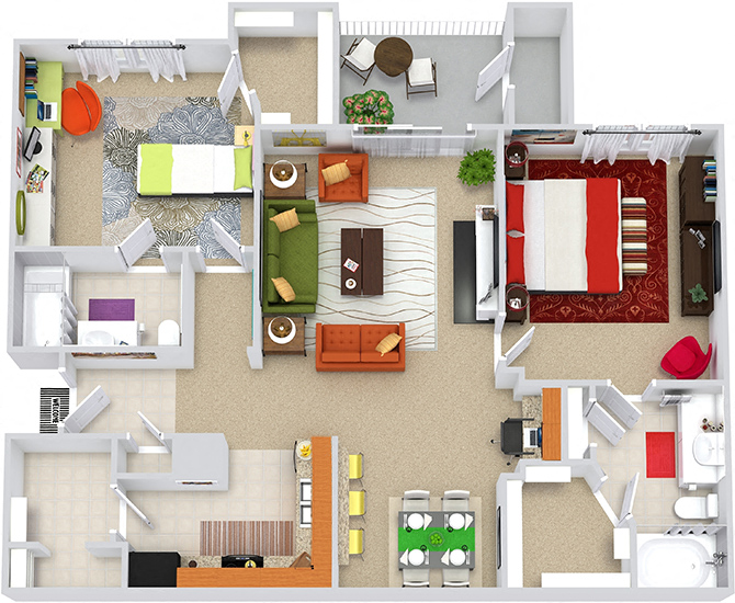 Floor plan for 2 beds, 2 baths, 1145 sqft